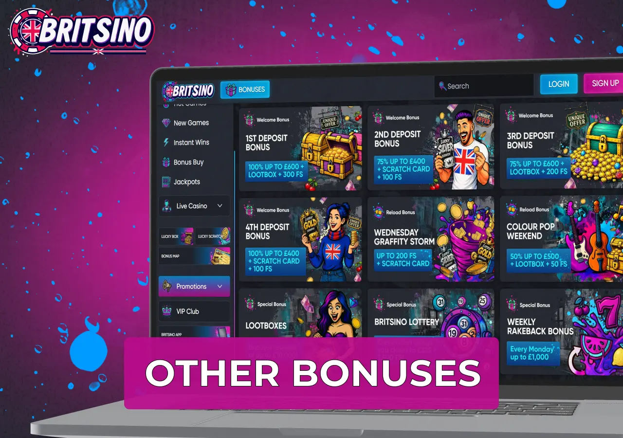 Britsino offers additional promotions, free spins and bonuses for regular players.